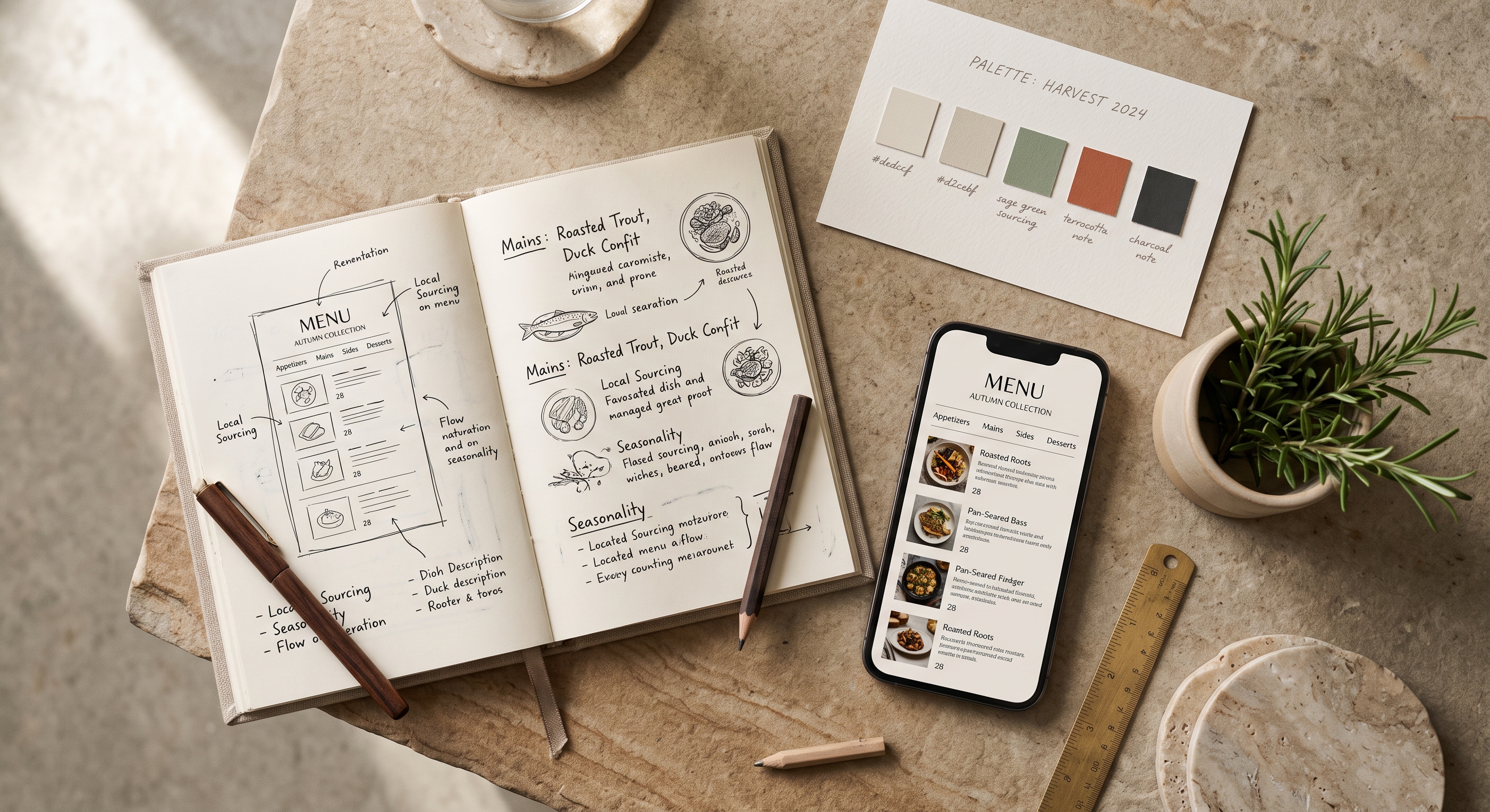Menu wireframes and a colour palette on a designer's desk