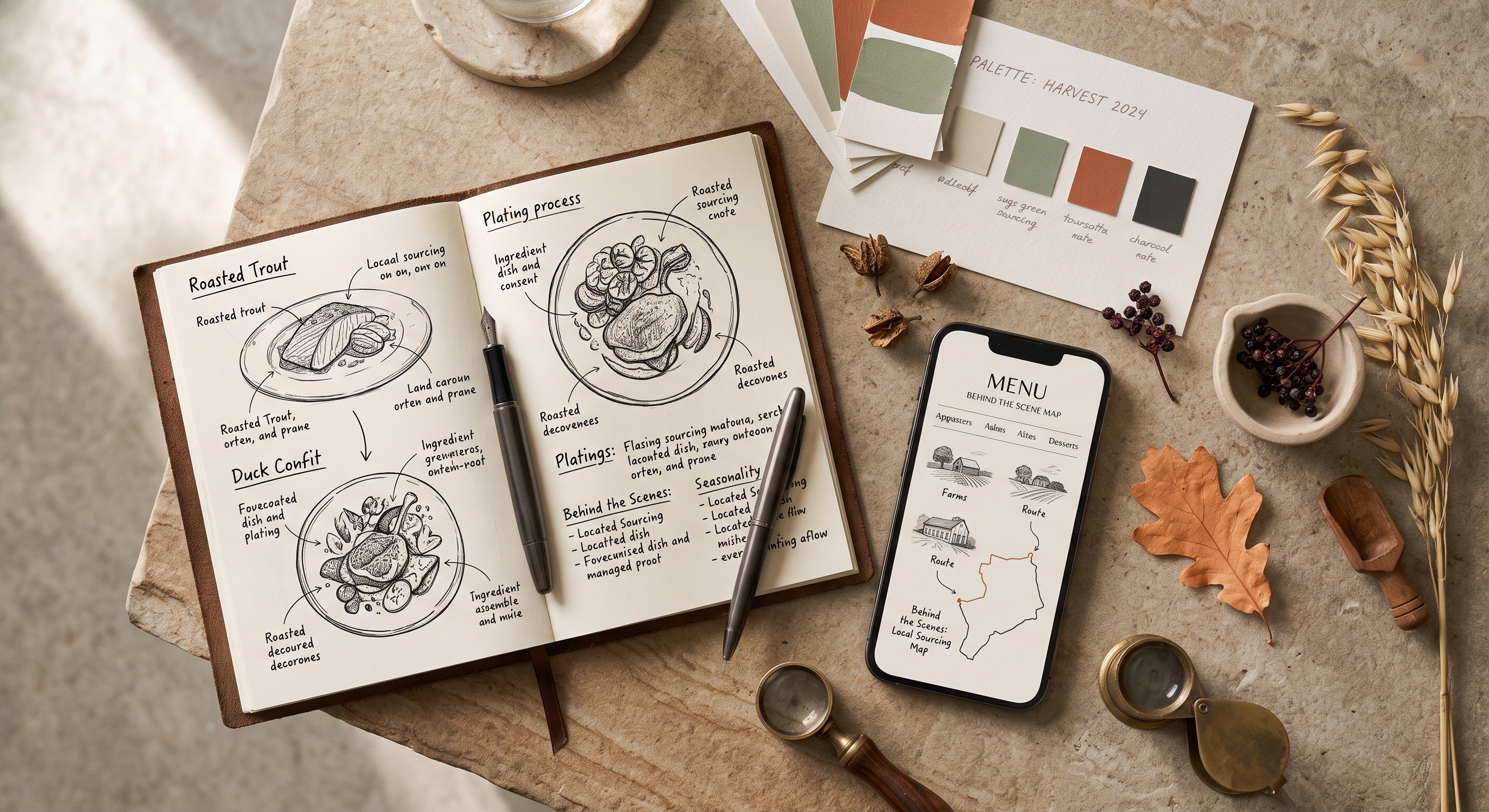 Hand-drawn plating notes beside a phone showing the menu